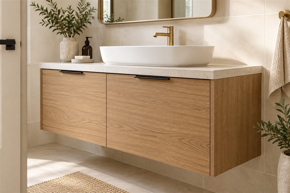 Illustrative bathroom vanity with oak-effect cabinet finishes