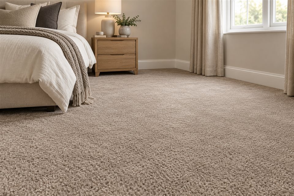 Illustrative bedroom with wall-to-wall taupe carpet