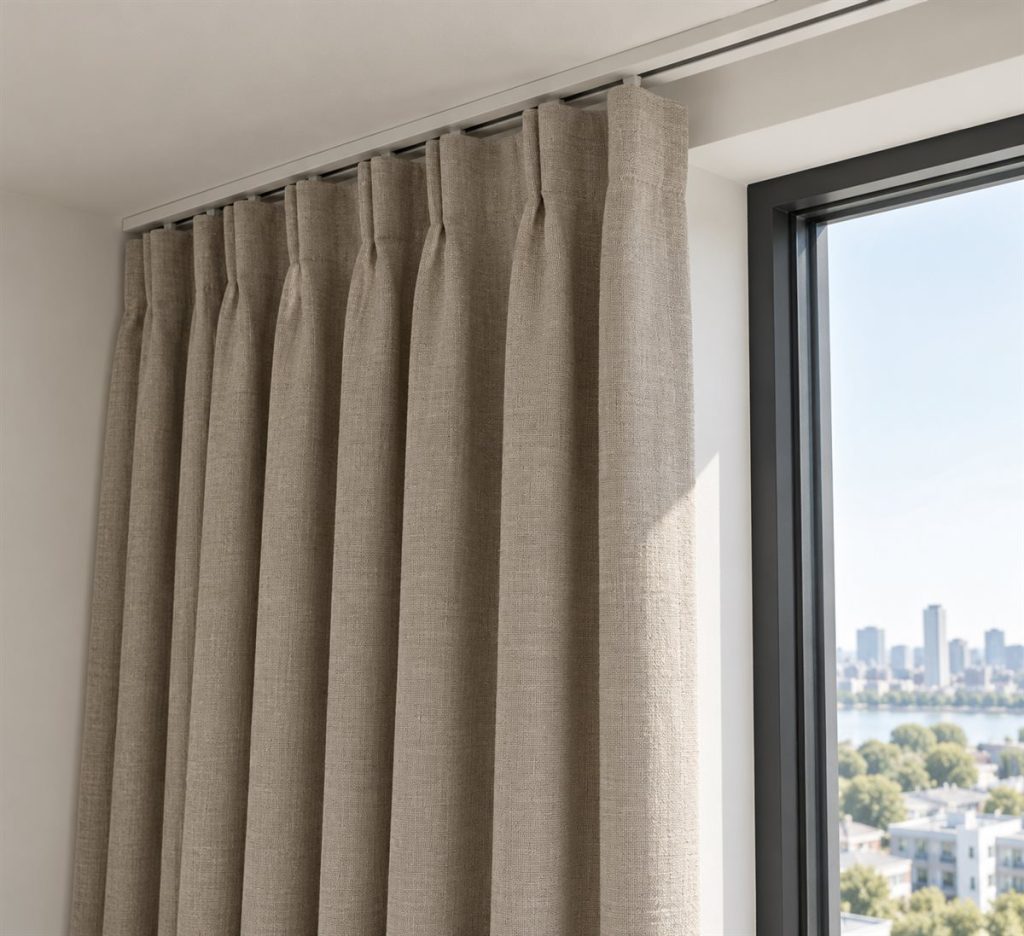 Illustrative curtain track and pleated fabric detail