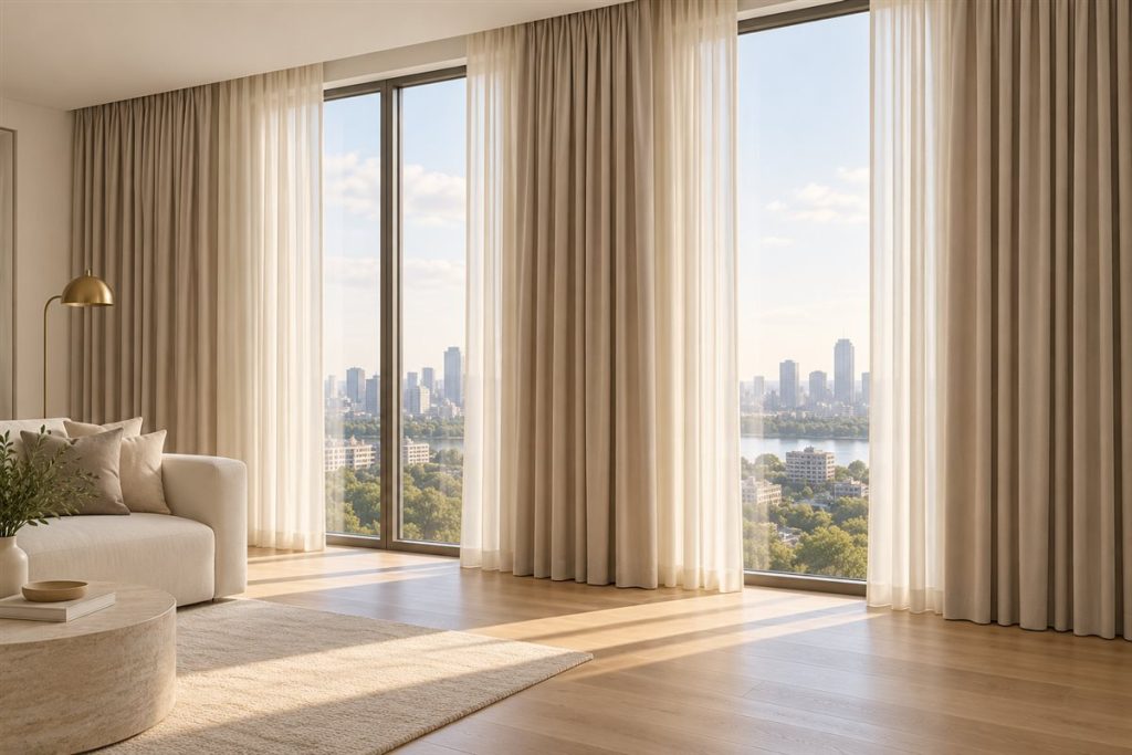 Illustrative apartment with full-length neutral curtains