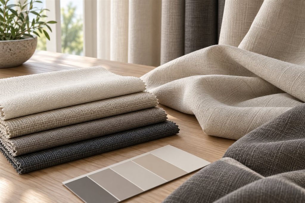 Illustrative neutral curtain fabric swatches
