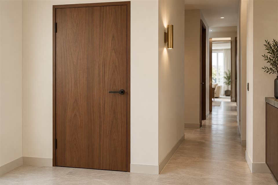 Illustrative interior door with a walnut-effect finish