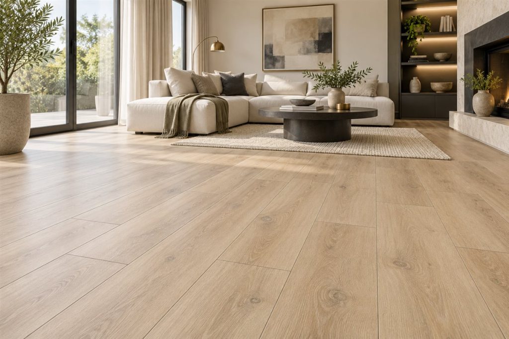 Illustrative living room with light oak-effect flooring