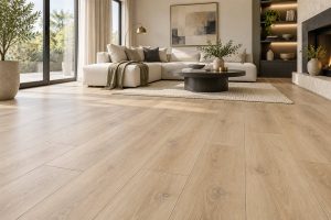 Illustrative living room with light oak-effect flooring
