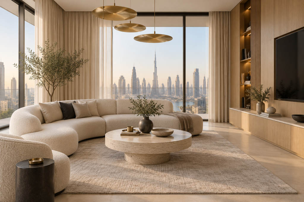 Illustrative contemporary living room with ivory seating, curtains and oak joinery