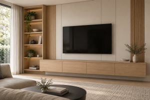 Illustrative custom TV unit with storage, shelving and wall panels