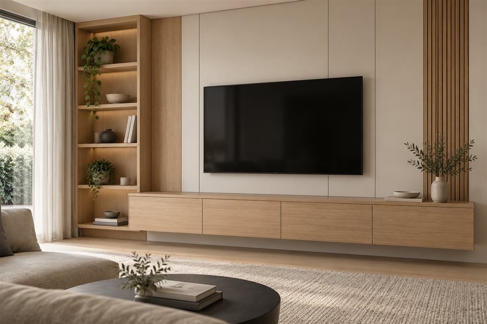Illustrative custom TV unit with storage, shelving and wall panels