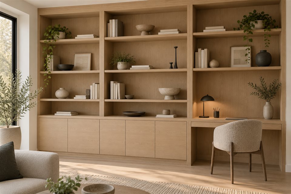 Illustrative oak built-in shelves, cabinets and desk
