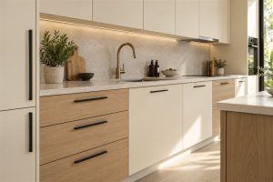 Illustrative kitchen with ivory and oak-effect cabinet finishes