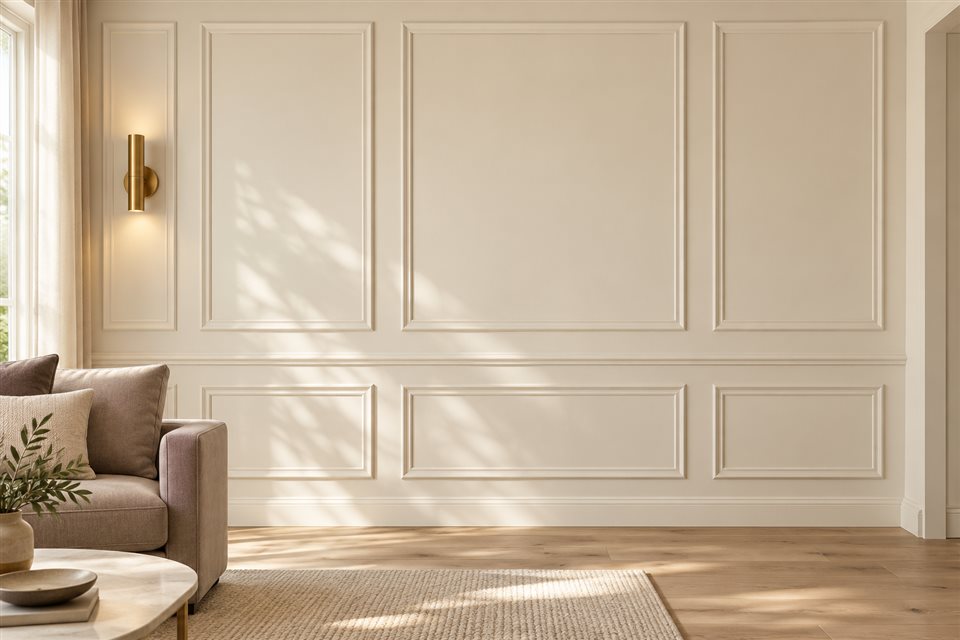 Illustrative living-room wall with decorative molding frames