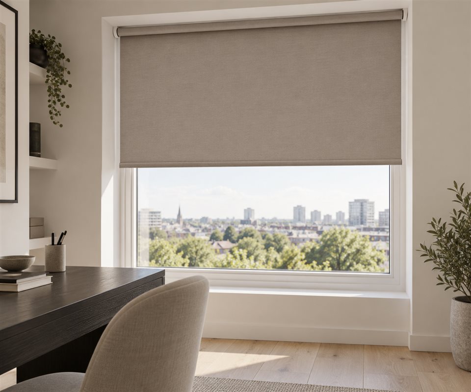Illustrative study window with a neutral roller blind