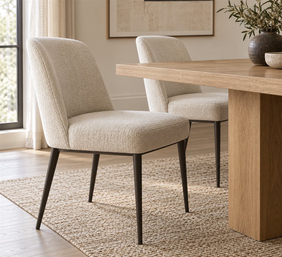 Illustrative dining chairs with ivory fabric upholstery