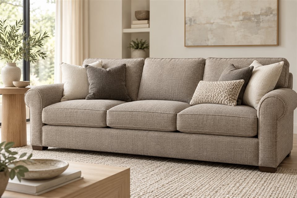 Illustrative taupe sofa with textured upholstery