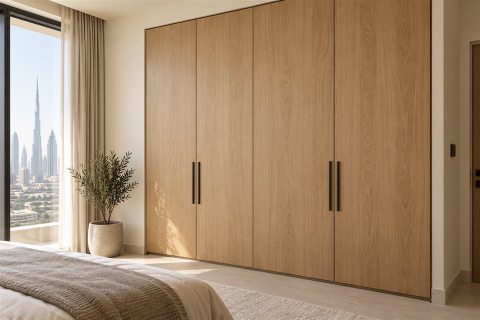 Illustrative wardrobe with light oak-effect door finishes